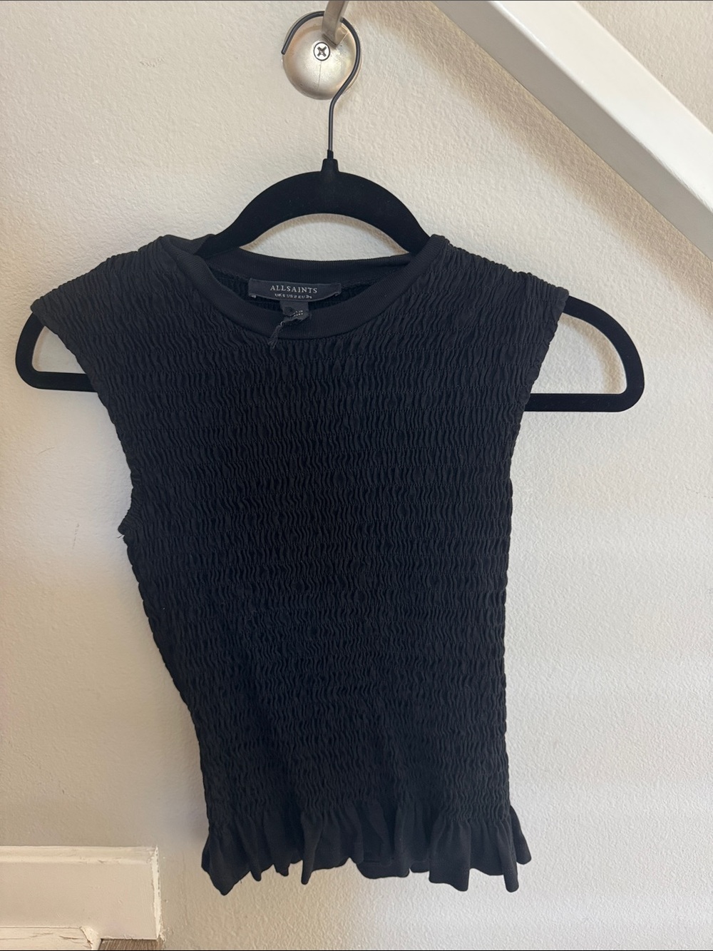 AllSaints Black Smocked Ruffle-Hem Tank